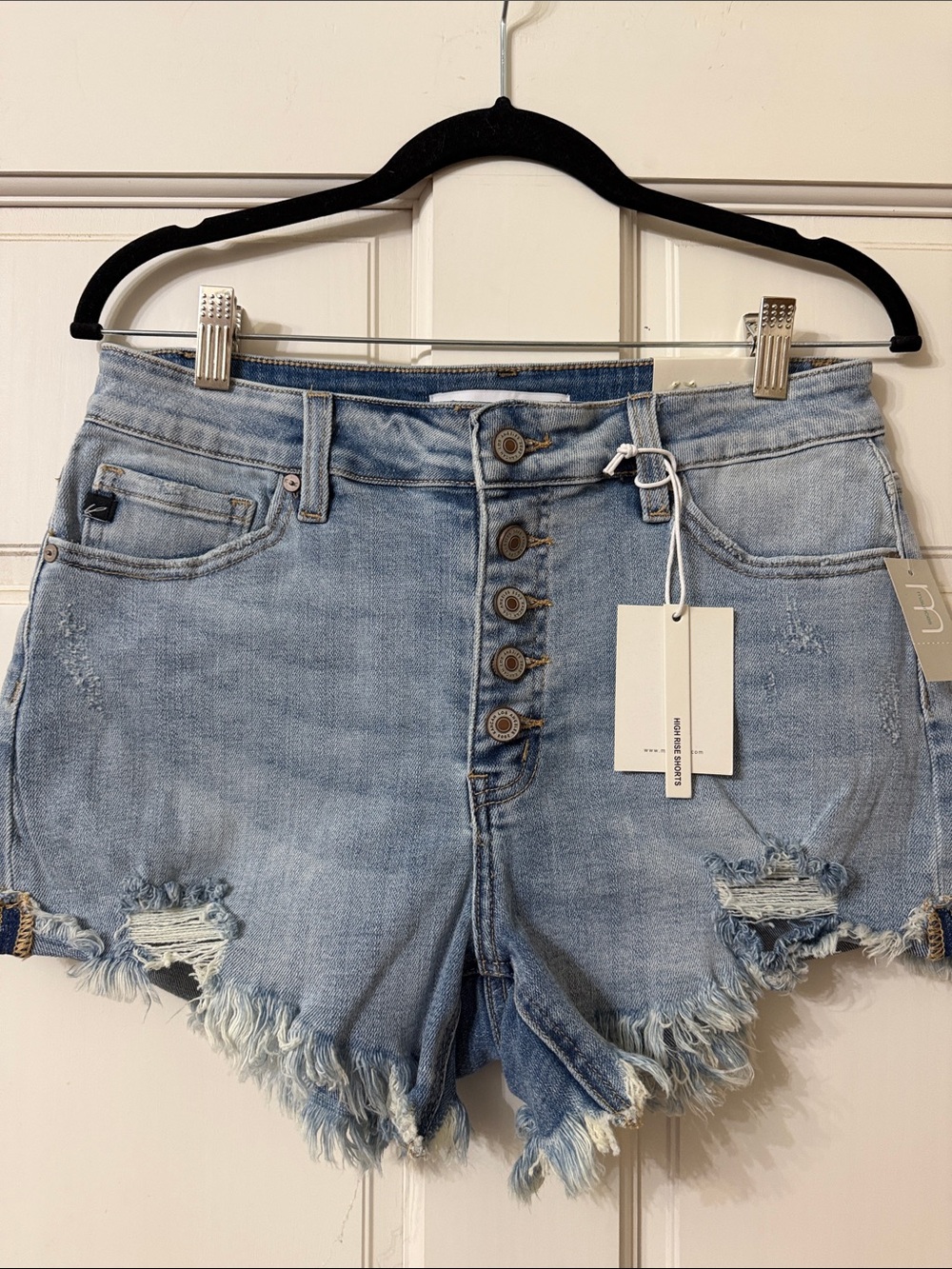 KanCan Light Blue Distressed Button-Up Denim Shorts